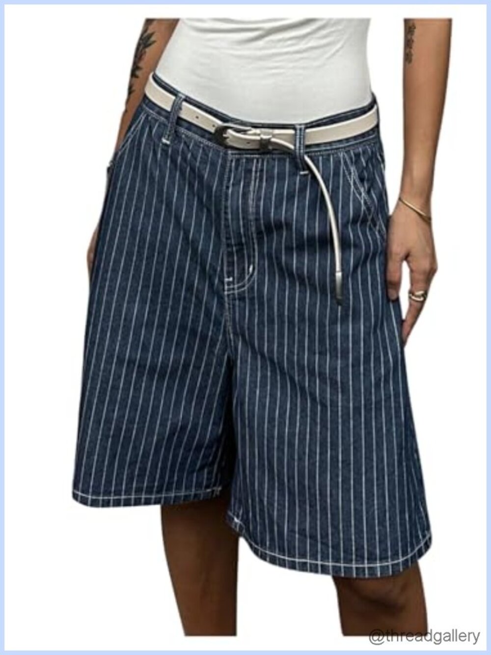 Women's Striped Wide Leg Bermuda Jean Shorts Baggy Y2K Cargo Denim Jorts with